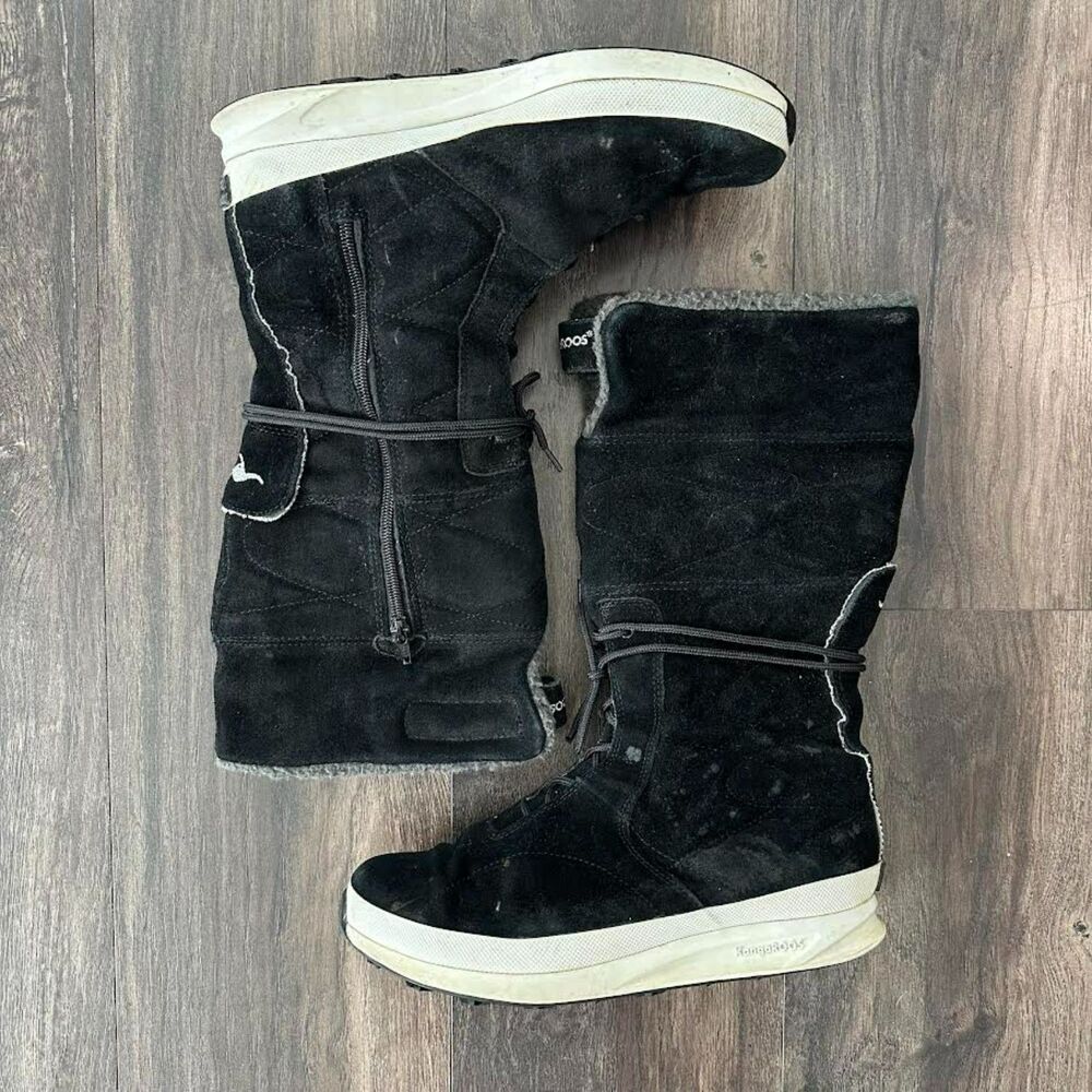Vintage KangaRoos FreeRide Black Leather Boots Tall Zip Winter Insulated Size 10 - Picture 3 of 9